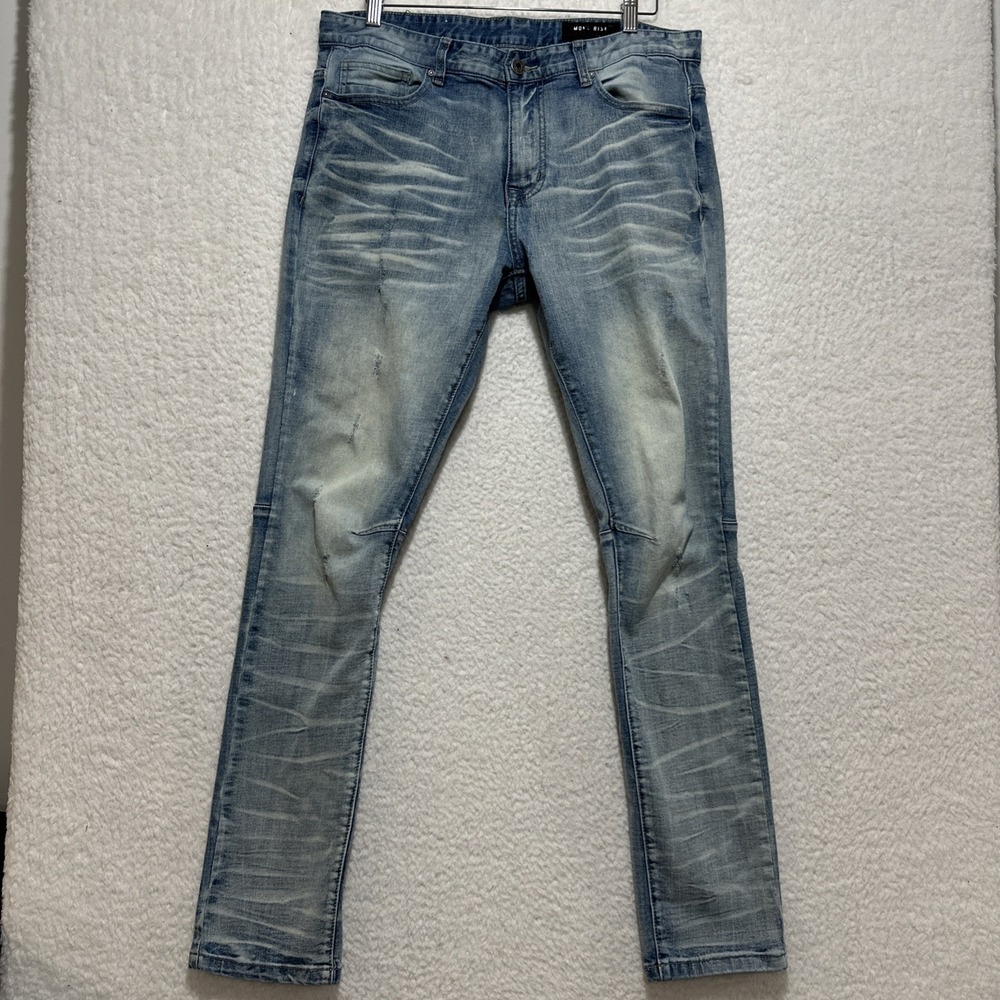 Smoke Rise Blue Whiskered‎ Moto Grunge Biker Distressed Denim Jeans Size 36